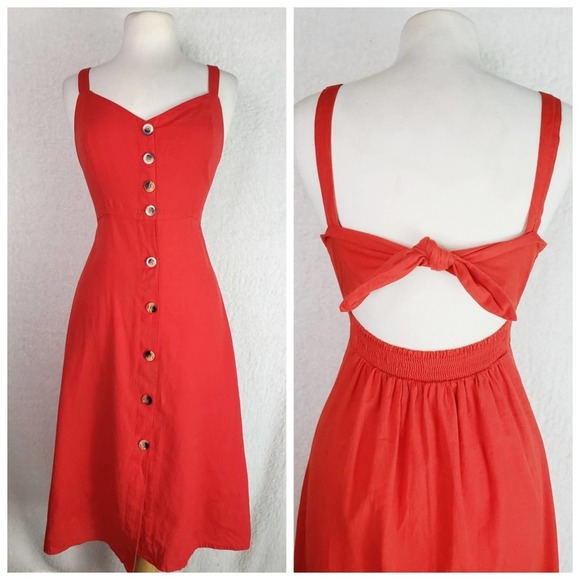 Japna Dresses & Skirts - Japna Coral Button Front Back Tie Linen Dress